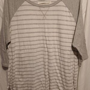 Gray and White Striped Blouse with Crew Neck